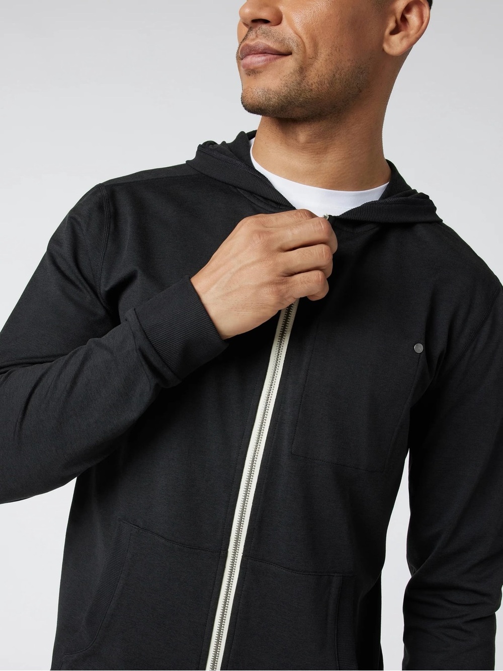 Vuori Coronado Hoodie Black Heather DreamKnit Performance Full Zip